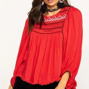 Free People Cyprus Avenue Embroidered Boho Peasant Top Strawberry Red